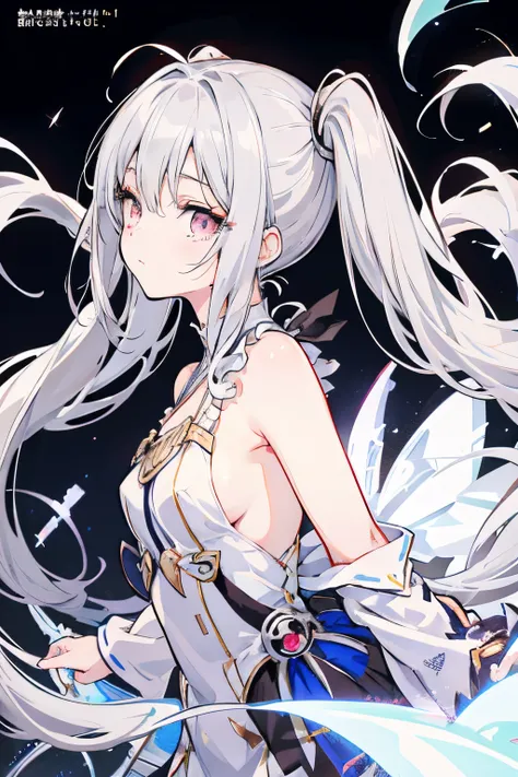 anime poster, anime girl, twin ponytails, silver hair, silver eyes, white dress, titled “Shiro”, superhuman, Fairy Tail style