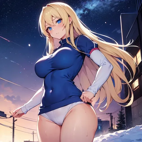 2D Anime Style、Blue eyes、breasts are slightly larger、A cool adult woman with short blonde hair is walking in the snowy night city with a cool expression.., Wear sweat tops that show your stomach, Sweatshorts