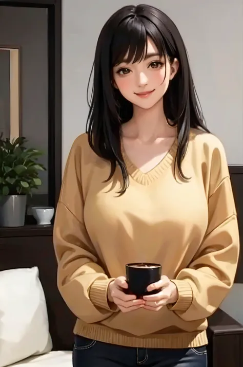 1lady standing, /(oversized sweater/) v-neck, mature female, /(black hair/) bangs, blush kind smile, (masterpiece best quality:1.2) delicate illustration ultra-detailed, large breasts pantyhose BREAK /(modern house living room/) indoors