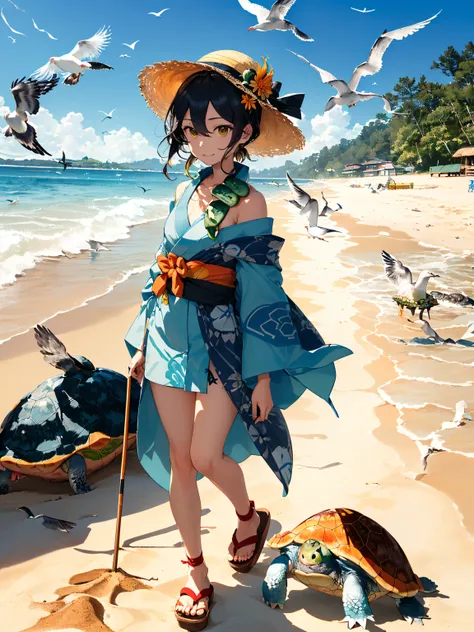 Urashima Taro saves a turtle:1.2, (Urashima Taro is a young fisherman with black hair and a straw hat:1.4), (Urashima Taro wears a blue kimono and wooden sandals:1.3), (Urashima Taro holds a fishing rod in his left hand:1.2), (turtle is a small green anima...