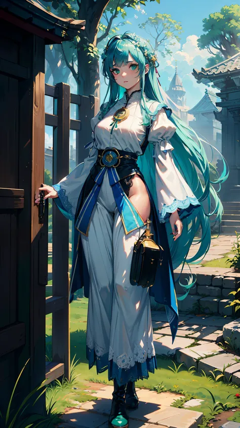 masterpiece, ultra detailed, 8k portrait, RAW photo, portrait photography, Highly detailed face, beautiful and meticulous eyes, ((Fantasy)), Young beautiful, (((Female priest))), (((((standing spread legs))))), (light blue long thin hair)), ahoge, (((asymm...