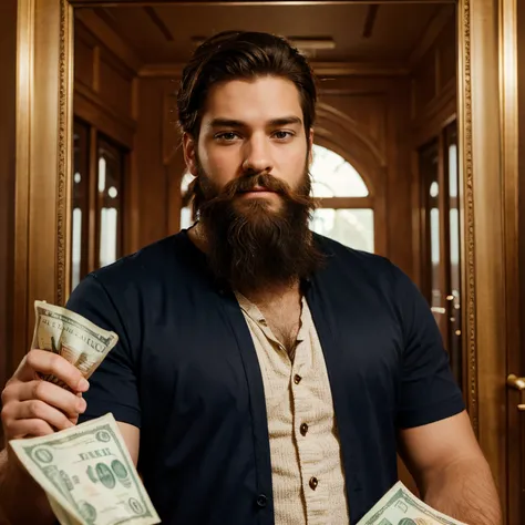 Disney themed picture of man with beard and lots of money