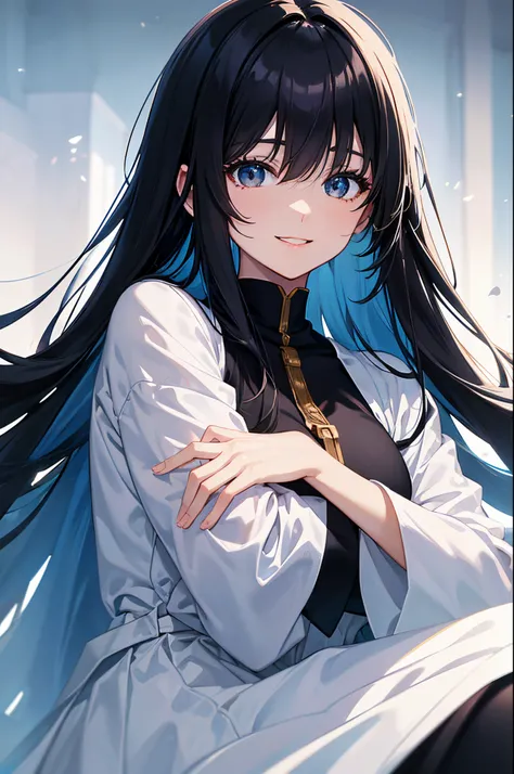 Magazine Cover. Anime. Solo. 1-woman. A young woman with long black hair and black eyes who smiles gently. She is wearing a white clothes embellished in blue. Fantasy theme. Upper body. Half body potrait.