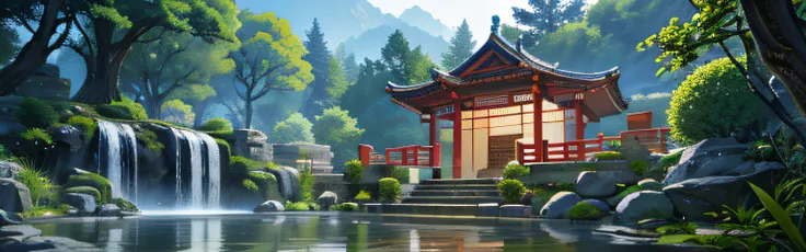 Ancient Chinese architecture, moon, night, garden, bamboo, lake, stone bridge, rockery, arch, corner, rockery, tree, running water, landscape, outdoor, waterfall, grass, rock, water lily, hot spring, water vapor, (Illustration: 1.0 ), Epic Composition, Rea...