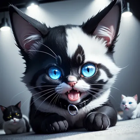 black and white cat, small kitten, large beady eyes, cute expressions, mouth open, mini fangs, meowing, light blue cat collar, (blue lighting), spotlight on cat, cute