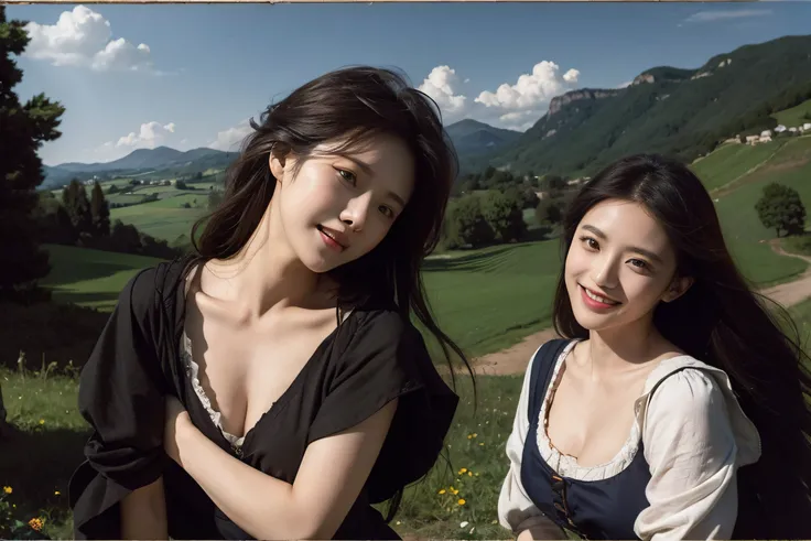 Poussin-style landscape,A smile,,Sweet and seductive appearance.、Caravaggios paintings、Chiaroscuro of Caravaggio、Hair disheveled in the wind,Two women frolicking,Cute smile, Expression of ecstasy