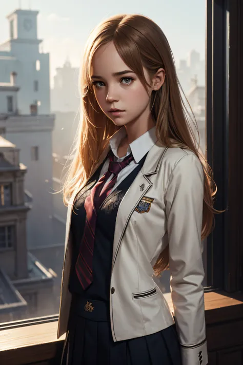 Britt Robertson, school uniform sexy clothes, character portrait, 4 9 9 0 s, long hair, intricate, elegant, highly detailed, digital painting, artstation, concept art, smooth, sharp focus, illustration, art by wlop, charlie bowater and alexandra fomina