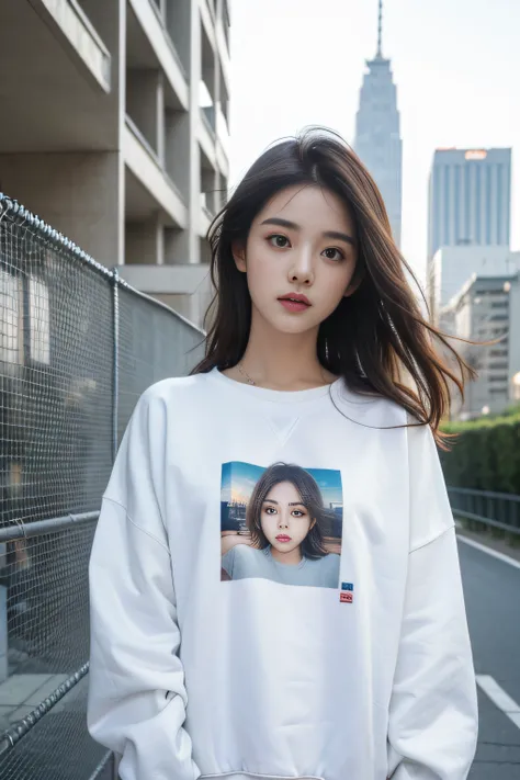 23 years old girl, medium hair, big eyes, (white oversize sweatshirt), (tilting head), in front of fence, city skyscraper, upper body shot, close up, from below, (photorealistic:1.2), (ultra realistic:1.3), (very detailed:1.1), ((masterpiece)),