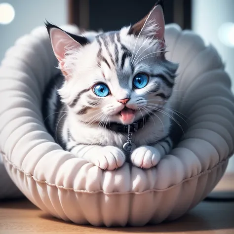 (best quality,ultra-detailed),highres,black and white cat, small kitten, long whiskers, beautiful round eyes,soft fur,, fluffy, cute expressions,mouth open,mini fangs,adorable meowing, light blue cat collar, focus on cat, bokeh