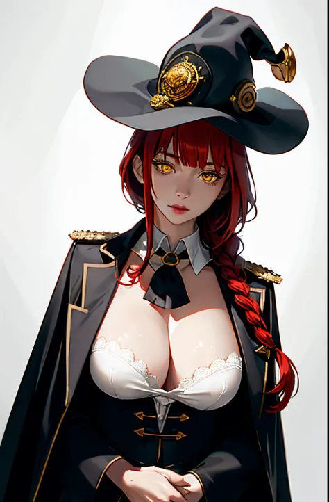 , Medium tits, masterpiece, (photorealistic:1.4), best quality, beautiful lighting, big witch hat, cleavage, admiral long coat, shoulder badge, (ulzzang-6500:0.5), makima (chainsaw man), (red hair)+(single long braided hair)+(bangs), yellow eyes, golden ey...