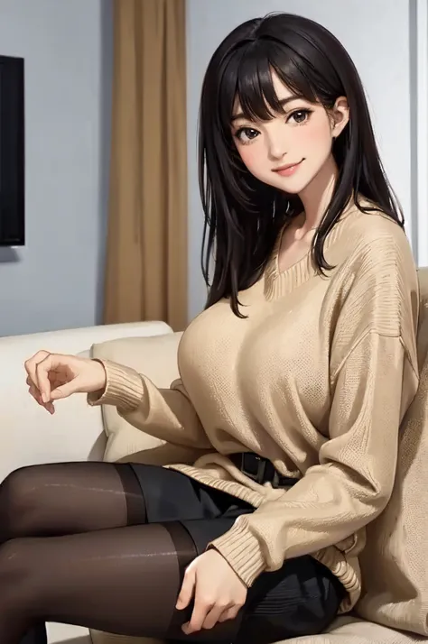 1lady standing, /(oversized sweater/) v-neck, mature female, /(black hair/) bangs, blush kind smile, (masterpiece best quality:1.2) delicate illustration ultra-detailed, large breasts pantyhose BREAK /(modern house living room/) indoors