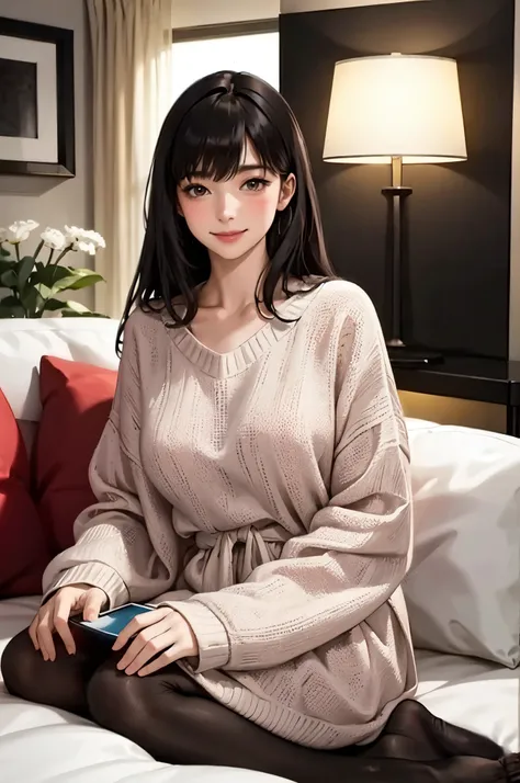 1lady standing, /(oversized sweater/) v-neck, mature female, /(black hair/) bangs, blush kind smile, (masterpiece best quality:1.2) delicate illustration ultra-detailed, large breasts pantyhose BREAK /(modern house living room/) indoors