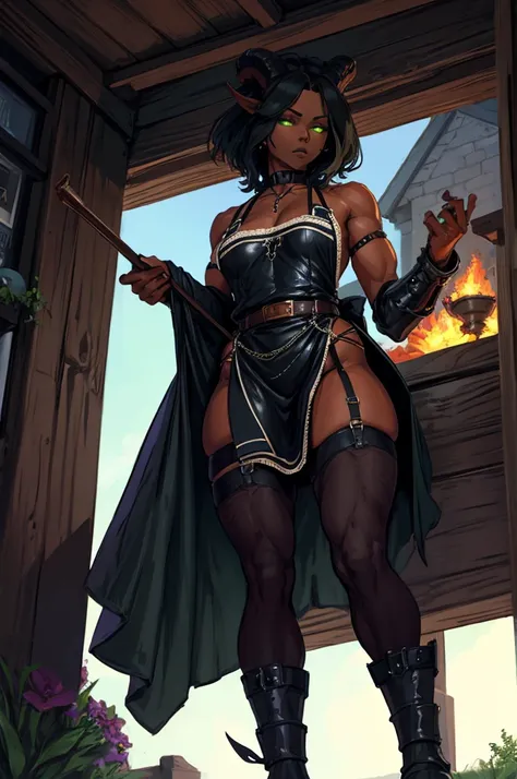 (Masterpiece) (High Detail) (High Res) (Black Skin) Looking from below A tall black humanoid girl with dark skin and ebony flesh and green eyes and short black hair and goat ears and short dark goat horns and a toned body and average to small breasts and D...