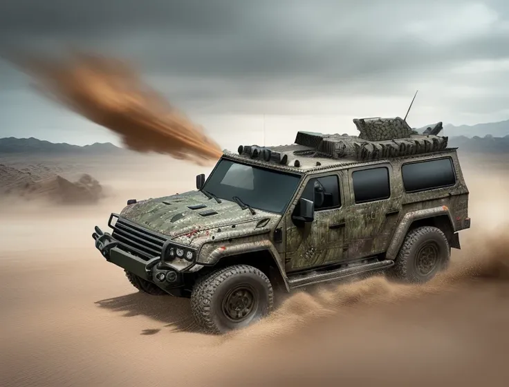 Create an action-packed scene of a fast-moving 4x4 armored vehicle, navigating through challenging landscapes with a sense of speed and intensity.