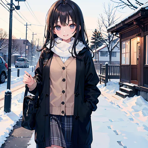 girl with、1 persons、18year old、Dark hair、Black eyes、length hair、A smile、huge smile、Smaller chest、Schools、校服、Cardigan、Snow、Winters、coat、muffler、Landscape Images、walking outside the house