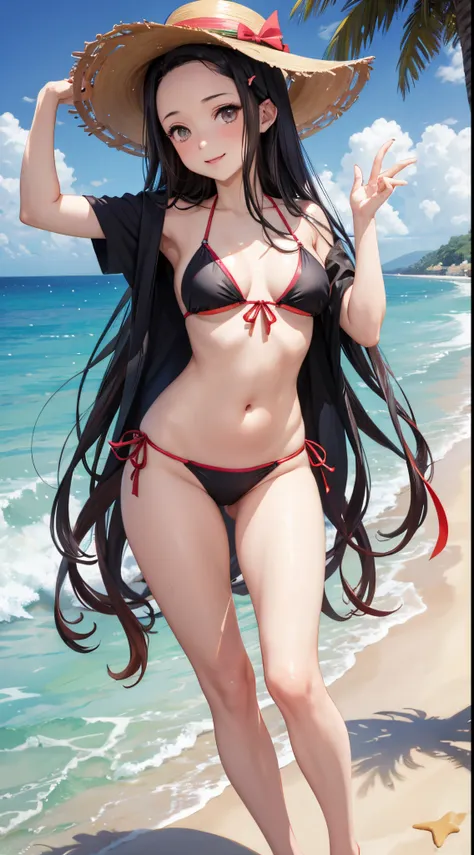 Nezuko Kamado, demonio riendo,Pose sexy,bikini,sombrero playero,costa del mar