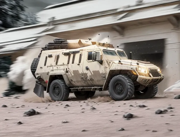 Create an action-packed scene of a fast-moving 4x4 armored vehicle, navigating through challenging landscapes with a sense of speed and intensity.