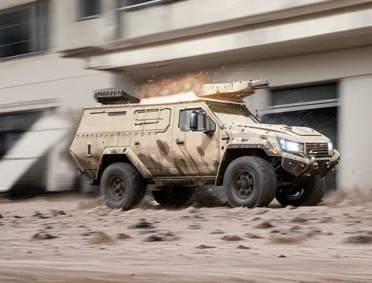 Create an action-packed scene of a fast-moving 4x4 armored vehicle, navigating through challenging landscapes with a sense of speed and intensity.