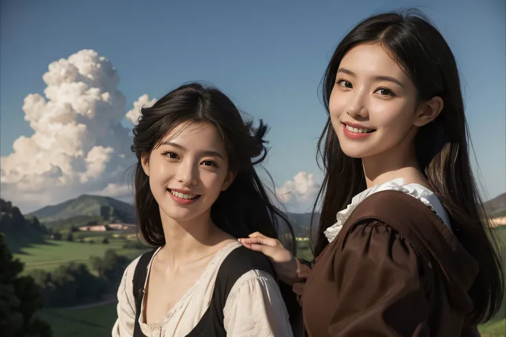 Poussin-style landscape,A smile,,Sweet and seductive appearance.、Caravaggios paintings、Chiaroscuro of Caravaggio、Hair disheveled in the wind,Two women frolicking,Cute smile, Expression of ecstasy