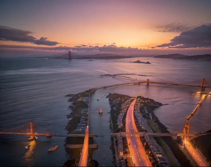 A stunning sunset casts its golden glow over the iconic Golden Gate Bridge in San Francisco. The serene sky is awash with vibrant hues of orange, pink, and purple, forming a breathtaking backdrop. This vivid photograph captures the bridge in all its grande...