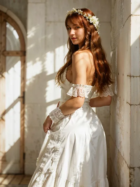 Smile, Cowboy shot, looking a viewer, From Bottom, Clothing pattern, Hair Flower, extra very long hair, straight hair, Detachable hoses, wariza, long skirt, beautiful white dress, white lace, Russian girl 20 years old, redhead hair, Portrait, Bangs, blue e...