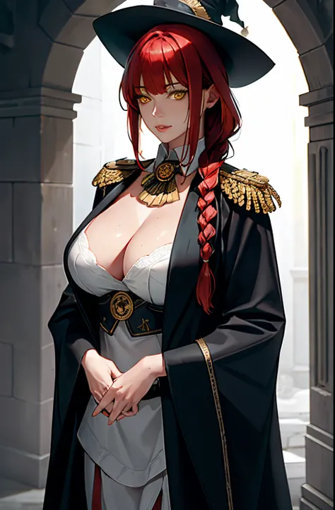 , Medium tits, masterpiece, (photorealistic:1.4), best quality, beautiful lighting, big witch hat, cleavage, admiral long coat, shoulder badge, (ulzzang-6500:0.5), makima (chainsaw man), (red hair)+(single long braided hair)+(bangs), yellow eyes, golden ey...