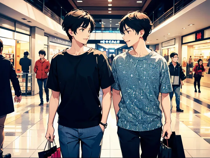 two gay men wearing matching clothes are shopping、view of the shopping mall、man face、man's clothes、short-haired、happily face