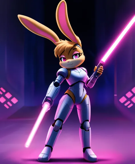 bunnie rabbot the jedi, holding a pink lightsaber, live action, robotic arm, full body view