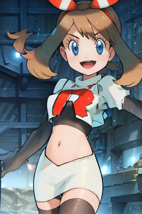 Haruka_ORAS, team rocket uniform, red letter R, white skirt,white crop top,black thigh-highs,black elbow gloves, smile, cowboy shot, posing, sparkles of light around the elbow gloves