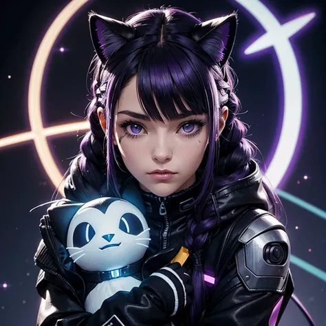 A cyber punk girlhugging a stuffed penguin,, oreilles de chat, Cat tail,; Dark and Purple hair, Braided long hair, , belle poitrine, clivage, Charismatic character, in a Halo of Light, Avatar de seconde vie, Nice screenshot, Femme seduisante vue complète d...