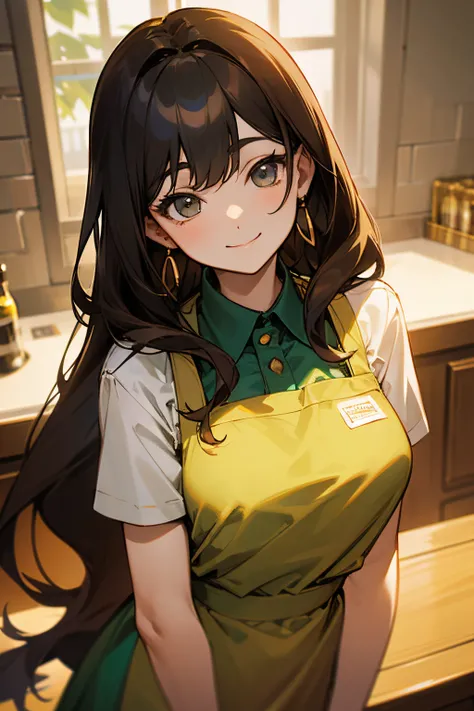 adult lady、A dark-haired、Super long hair、Deities々Right、Green apron、kindly smile、Gold earrings、