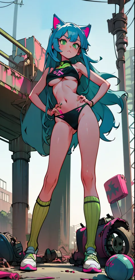 1woman, Long blue hair with pink stripes, bangs, green eyes, Bored face, cat ear, black bikini, tummy, large boobs, elongated legs, spread legs , stand on your hips... ,  Green Socks , sneakers , Abandoned factory, wasteland ,