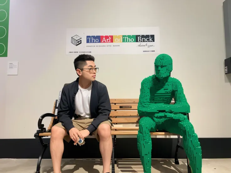 Handsome young man sitting on bench next to Lego man, Artist unknown, Junji Ito and Horiyoshi III, Shot with Sony alpha 9, Height 170 cm, unknown artist, made of lego, at a museum, chinese artist, inspired by Yeong-Hao Han, Shoot with an iPhone, made out o...