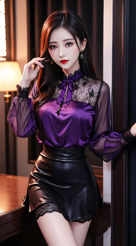 Charming beauties、校服、blouse、tight skirts、Evil Female Executive、Evil Fall、dark、brainwash、panthyhose、lacy fabric、Glossy legs、Red lipstick、Evil look、Suspicious look、Hollow eyes、darkened room、Night、wicked、drink purple liquid、seductiv