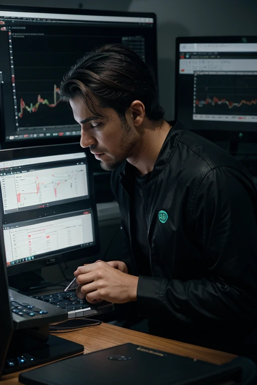 un hombre haciendo trading en su computadora en la noche