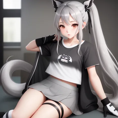 Gray long hair tied in two ponytails. white ears . kblack eyes.Dark gray T-shirt.white mini skirt.Striped socks and gloves. Grey Tail