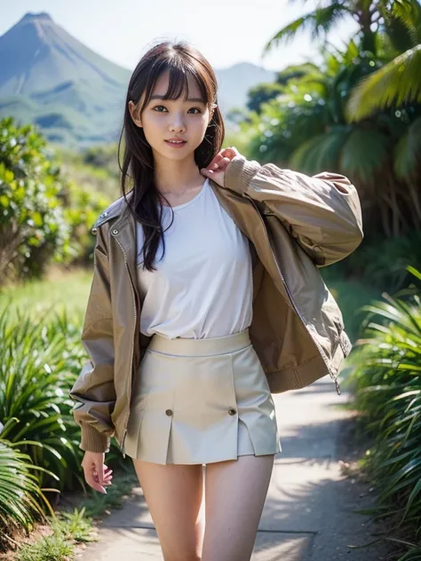 ((top-quality、in 8K、​masterpiece:1.3、Raw photo))、Super high quality photos, In the tropical jungle, ((wearing jacket and skirt)), ((Wear a white blouse shirt under the jacket)), ((Perfect beauty 20 year old idol Japan woman)), ((a smile)), ((protruding nip...