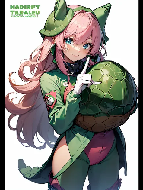 A beautiful girl wearing a turtle costume:1.5, (A beautiful girl:1.4), (a young woman with long pink hair and blue eyes:1.3), (having a cute and cheerful personality:1.3), (wearing a turtle costume:1.4), (a green suit that covers her whole body except her ...