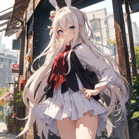 ((Best Quality)), (ultra-detailliert), ((Extremely detailed)), (Beautiful), ((Kawaii Girl)),(two side up hair)、((masutepiece)),Platinum Blonde Hair,Long hair, hair between eye, Wavy Hair, Long sideburns,Jade-colored eyes, White skin,Colossal tits、Rabbit ea...