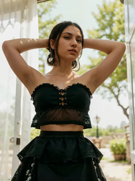 Cowboy shot, Looking Up, Picture from below, Clothing pattern, Hair Lot Flower, Short Hair Hair, straight hair, Detachable hoses, wariza, long skirt, Beautiful Black Dress, black lace, Romanian girl 16 years old, white colored hair, Portrait, pony tail, w...