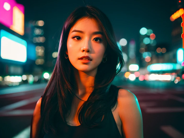 Capturing the essence of urban allure, the portrait of the Asian woman is framed to showcase her captivating features and expression. The half-body composition allows for a harmonious blend of her figure with the dynamic New York night scene, ensuring a vi...