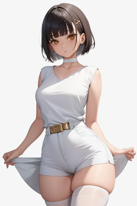 1girl in, Solo, Standing, frontage, Upper body, Kim Hair, Short hair, (Blunt bangs:1.2), Gold eyes, Looking at Viewer, Choker, White shirt, White shorts, Short shorts, white thighhig, white stockings, (Skindentation:1.2), Curve, nedium breasts, Covered , (...