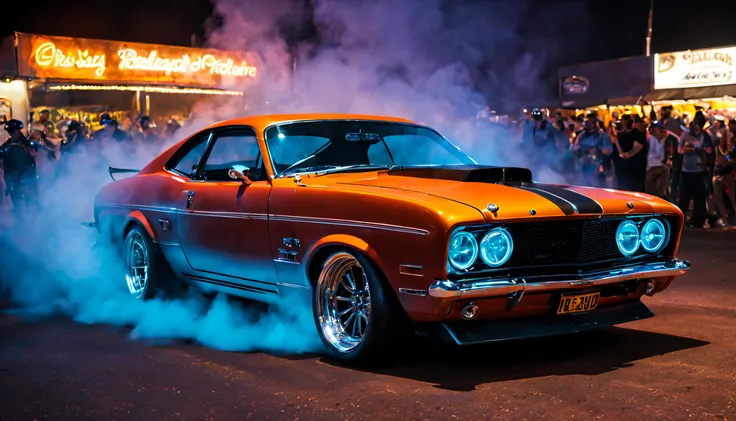 Steam Punk, Rat Rod, Australian Ford Muscle Car XR8 Concept, Neon Night Scene, Burnout blowing smoke.