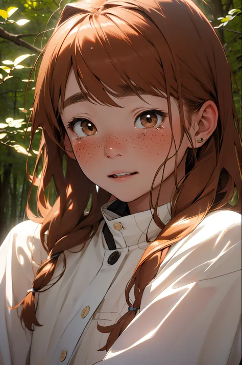 One girl、facial expression crying、hitornfreckles、Chestnut hair、Clear skin、fleeting、in woods