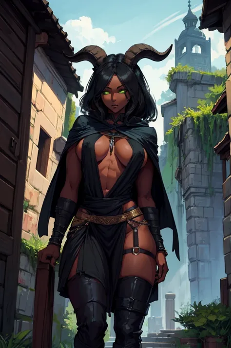 (Masterpiece) (High Detail) (High Res) (Black Skin) Looking from below A tall black humanoid girl with dark skin and ebony flesh and green eyes and short black hair and goat ears and short dark goat horns and a toned body and average to small breasts and D...