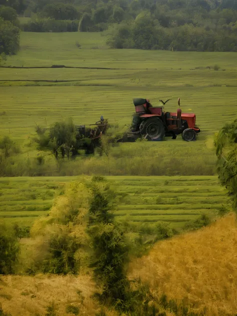 there is a tractor that is driving through a field, villagers busy farming, tending on arstation, farm land, zoomed out very far, zoomed out shot, idyllic and fruitful land, seen from a distance, zoomed out view, shot from 5 0 feet distance, viewed from a ...