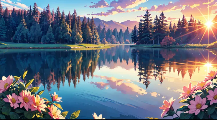 (best quality,4k,8k,highres,masterpiece:1.2),ultra-detailed,realistic:1.37, small lake, beautiful sunset, soft colors, glare of ...