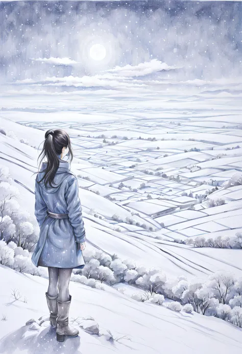 (pe pencil drawings:1.4), lonely snow and blue sky、blue sky and beautiful snow field、a particle of light、landscape photo of vast...