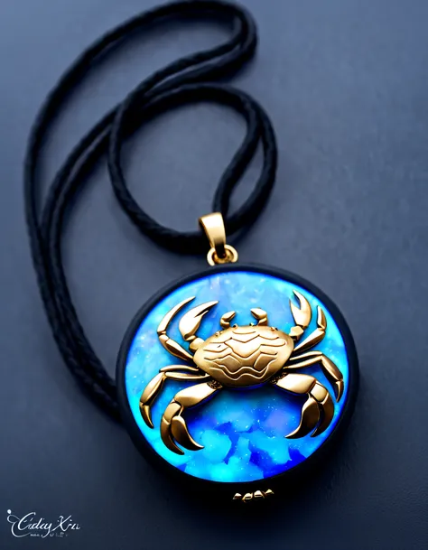 item design, (a black round cancer pendant), (a small golden crab is carved on it），（a double opal: 1.3), (black leather rope), f...