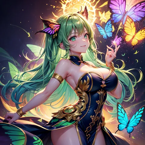 1个Giant Breast Girl, tmasterpiece, extremely detaile, ((电影灯光)), (glowing), ((dramatic lights)), ((Beautiful and detailed light)), Complicated details, lens flare glow, Colorful hair, rainbow hair, long whitr hair, multicolored dress, butterfly hair ornamen...